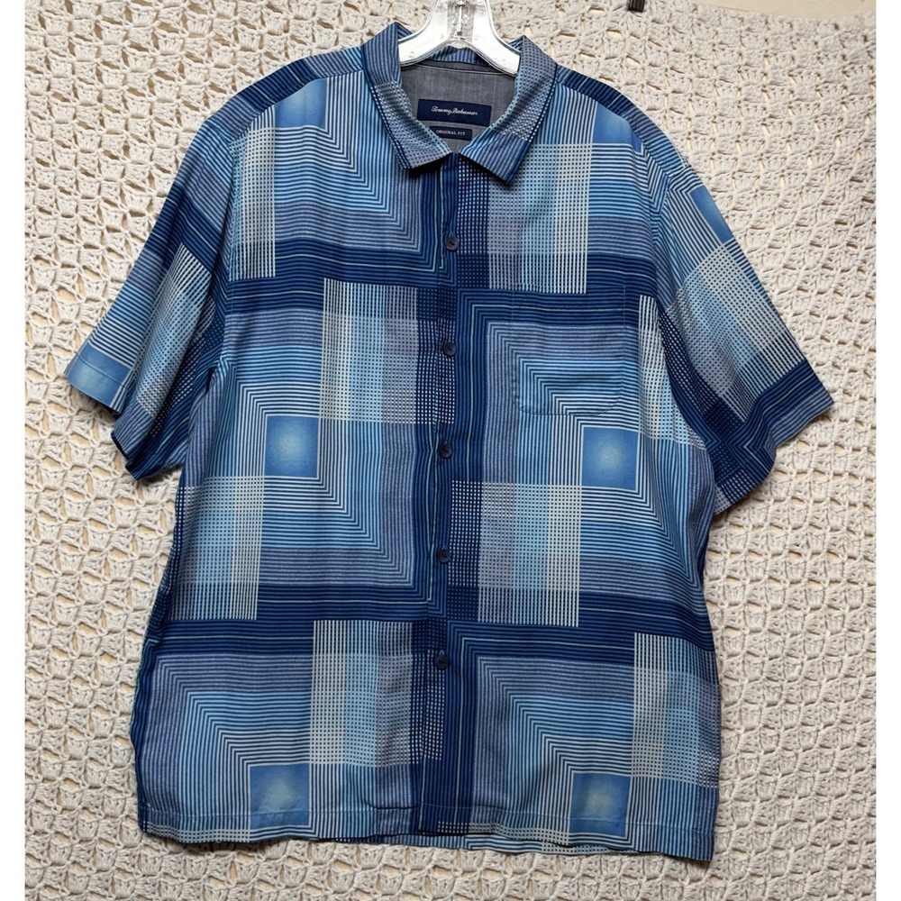Tommy Bahama 100%Silk Shirt Mens L Blue Geometric Polo Performance Button Up